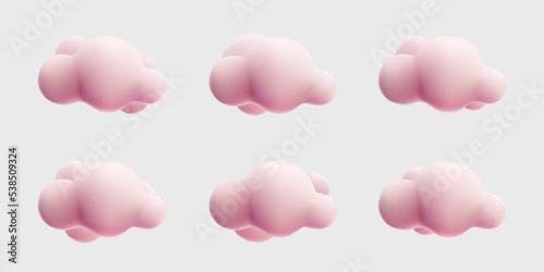 3d fluffy cloud cartoon style collection set. pink pastel. vector mesh