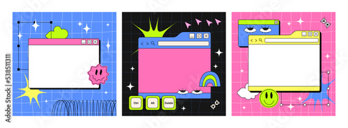 A set of PC windows in the y2k style. Retro interface of an old computer with a bright color. Retro wave and vaporwave