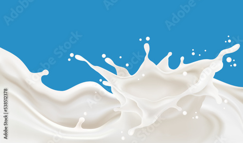 Milk splashing in 3d illustration. Realistic vector elements on solid color background. Food and Drink concepts.