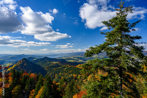 View from the top of Trzy Korony to the Pieniny mountains in autumn colors.