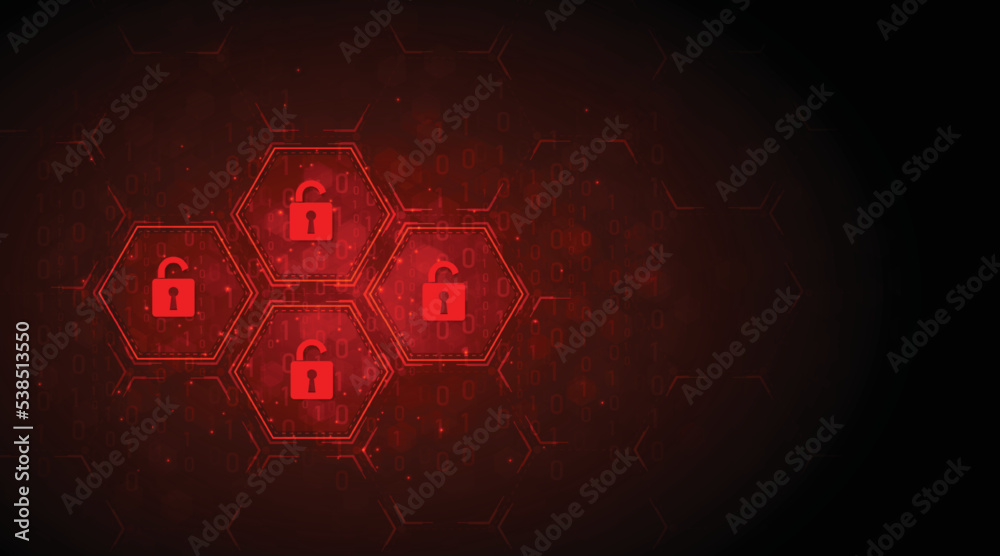 Cyber security destroyed.Padlock red open on electric circuits network