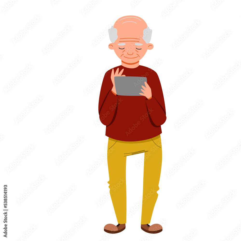 An elderly man is playing on a tablet. Flat vector illustration in cartoon style. An elderly man is playing on a tablet. Flat vector illustration in cartoon style.