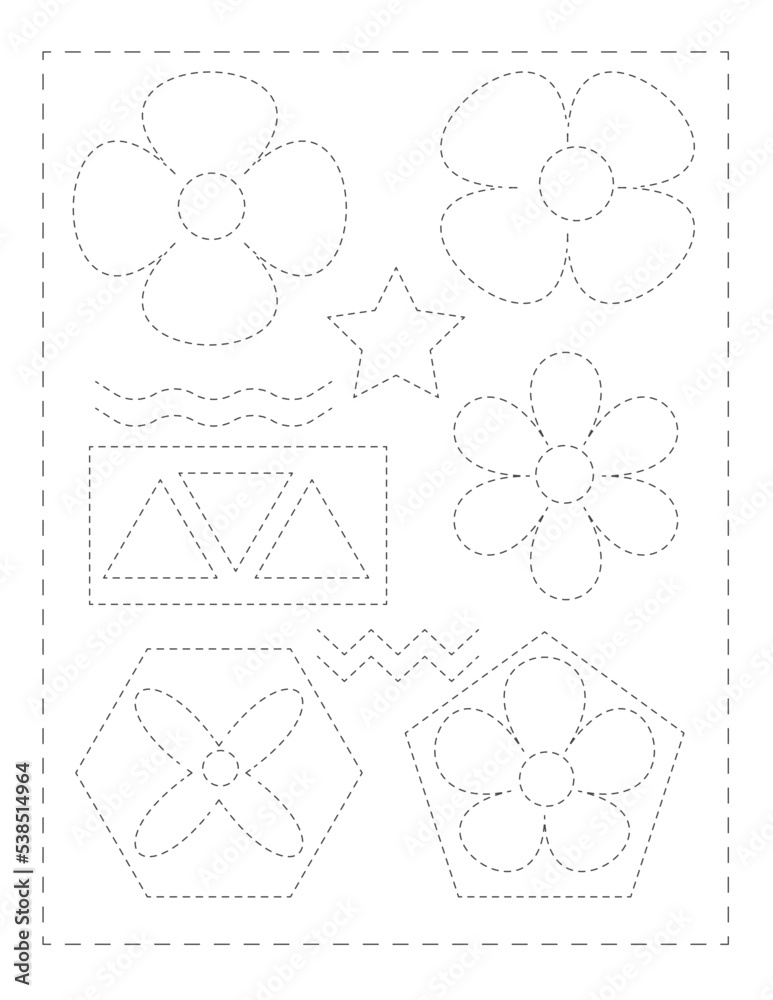 Continue the pattern with pen, geometric dotted line practice worksheet for preschoolers Continue the pattern with pen, geometric dotted line practice worksheet for preschoolers