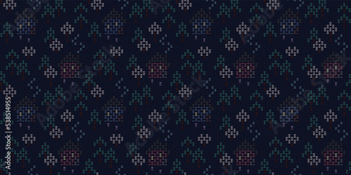 Small houses pattern seamless background embroidery design embroidered texture.  Modern decoration fabric design textile swatch. Digital illustration high resolution image vector graphic template.