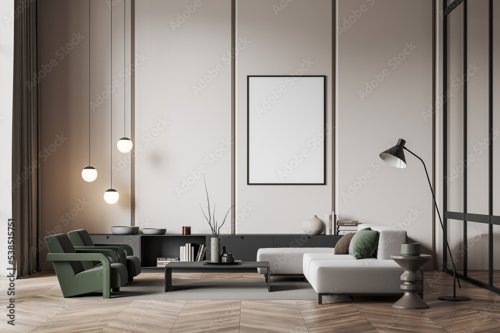 Light relax room interior with couch, armchair and decoration. Mockup frame