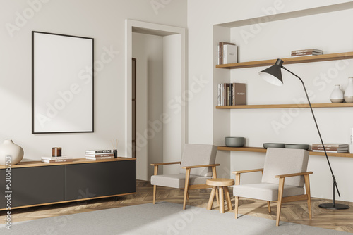Stylish relaxing interior with seats and shelf with decor, mockup frame
