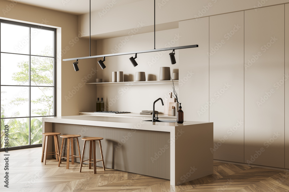 Beige kitchen interior with bar countertop and seats, panoramic window ...