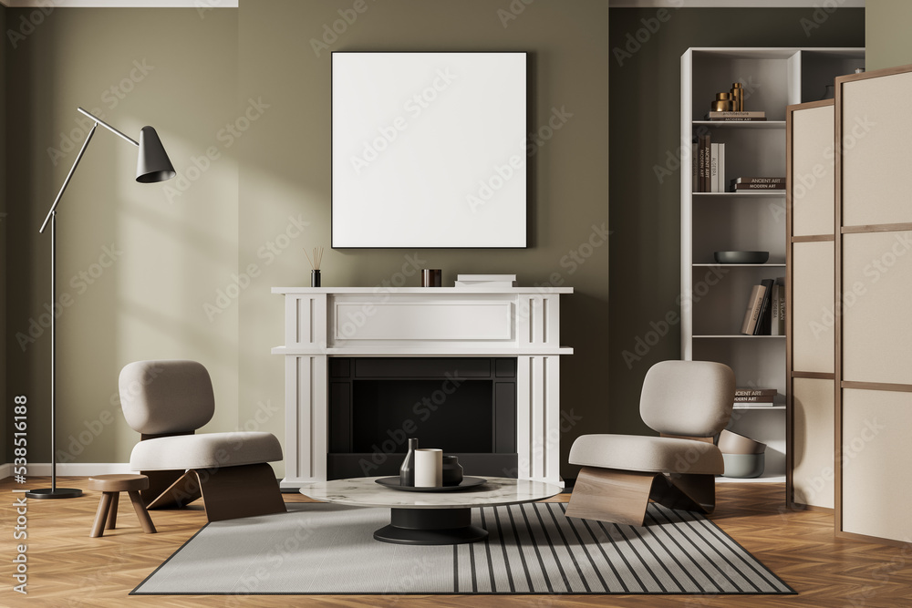 Stylish relax interior with seats and fireplace with decor. Mockup frame Stylish relax interior with seats and fireplace with decor. Mockup frame