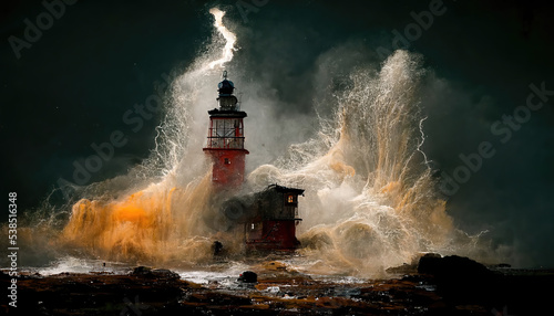 AI generated image of a lighthouse on a stormy night with big waves and lightning in the sky 
