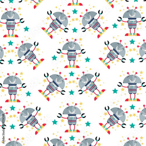 Seamless pattern with cute robot variations perfect for wrapping paper