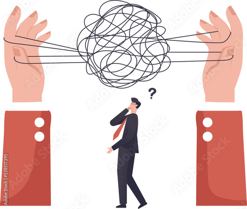 complexity concept, complex problem solution, business man thinking. difficulty or challenge to overcome to achieve success or business direction concept. illustration png photo