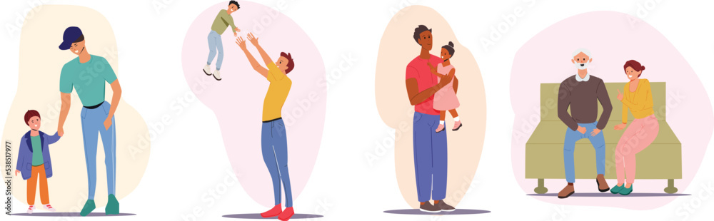 Happy Father's Day. Dad, son and daughter are together. Happy dad hold hand, throw child, hug and talks with son and daughter. set of parent and child characters, full-length figures isolated on white