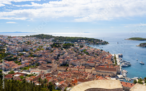 The town of Hvar on the Hvar island in Dalmatia  Croatia as seen from the Spanish Fortress  Tvrdava Fortica   with the Adriatic sea in the background.