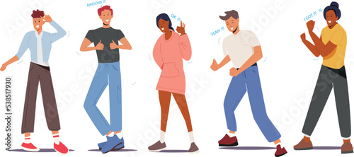 Set of People Showing Various postive emotions and gesture. Happy Male and Female Cartoon Character showing positive sign of ok sign, thumbs up, victory, scissors and I got it gesture.