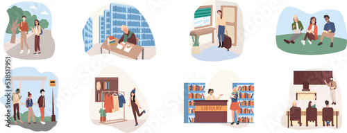 Back to school vector illustrations set. Preparation Day at library, students discuss assignment, first grader gathering. Pupils and lecturer, New clothes purchase, Uni students wait bus characters.