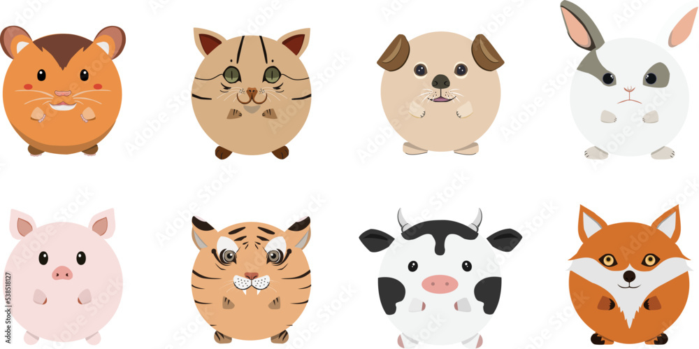 Obraz premium Cute rounded animal faces. Hand drawn characters. Sweet funny animals. Vector illustration.