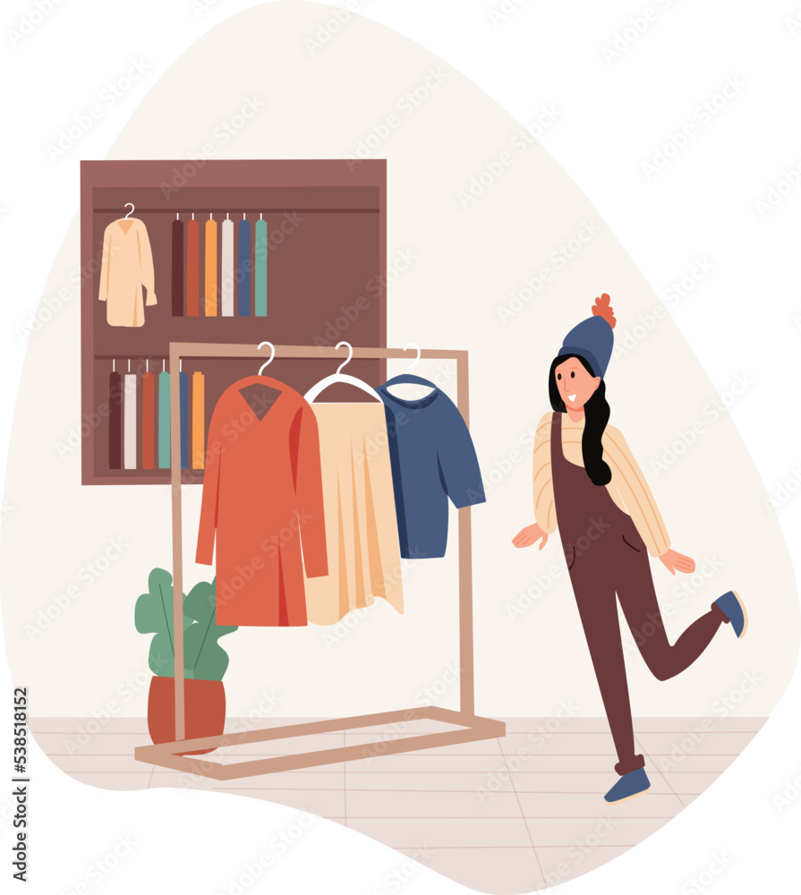 Young lady excited and happily shopping for clothes. Cartoon People Vector Illustration