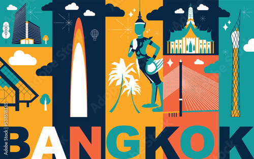 Typography word Bangkok branding technology concept. Collection of flat vector web icons. Culture travel set, famous architectures, specialties silhouette. Thai famous landmark, split video screen