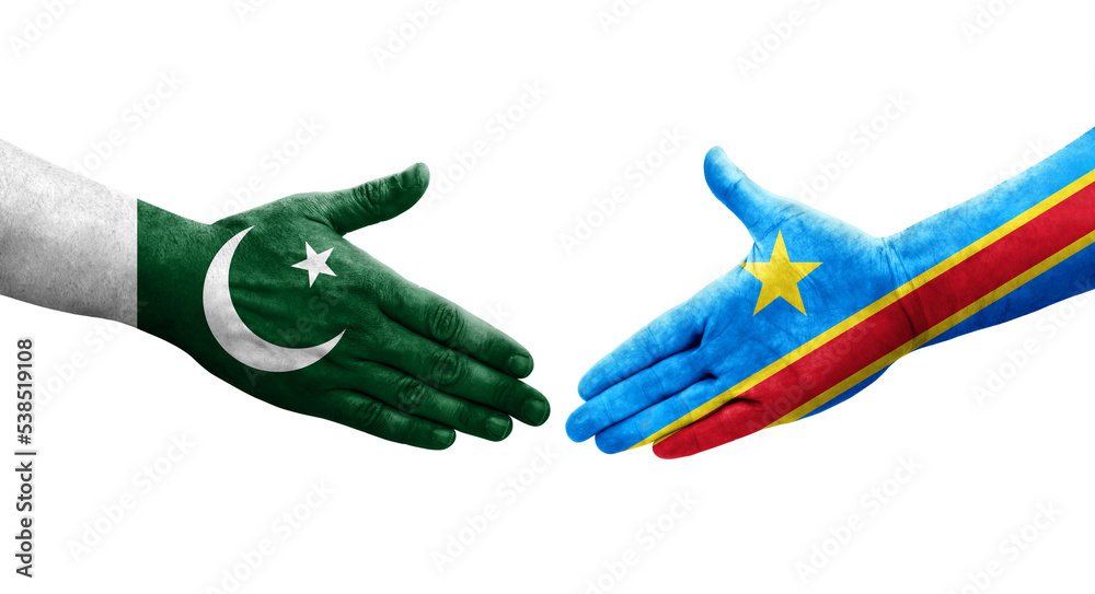 Handshake between Dr Congo and Pakistan flags painted on hands, isolated transparent image.