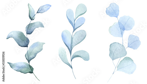 Set of watercolor blue branches with leaves. Greenery leaves hand-painted isolated. Can be used as being an element in the decorative design of invitation, wedding or greeting cards.
