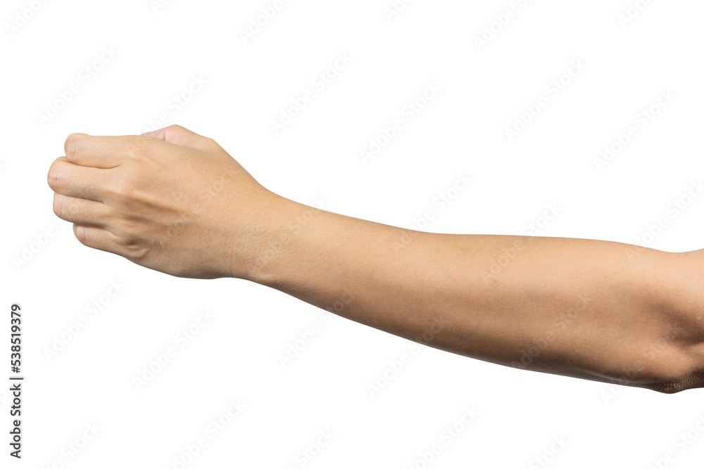 Man hand show holding something like a bottle isolated on white background. Clipping path included Man hand show holding something like a bottle isolated on white background. Clipping path included