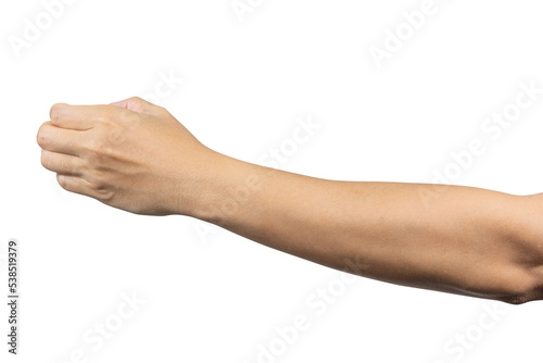 Man hand show holding something like a bottle isolated on white background. Clipping path included photo