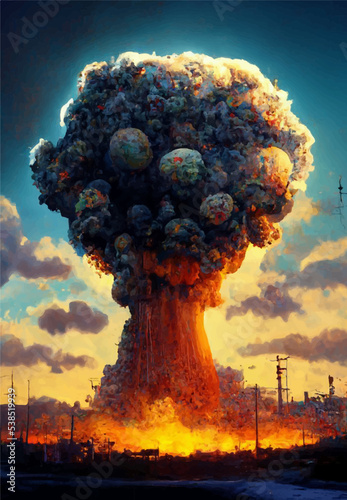 Mushroom from the explosion of a nuclear bomb over the city. Nuclear war in the world. End of the world. Armageddon.