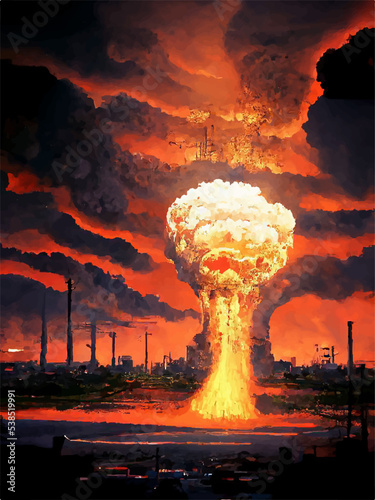 Mushroom from the explosion of a nuclear bomb over the city. Nuclear war in the world. End of the world. Armageddon.