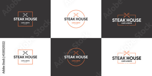 Set of vintage label steak house, beef steak, barbecue logo design vector.
