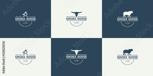 Set of vintage label steak house, beef steak, barbecue logo design vector.