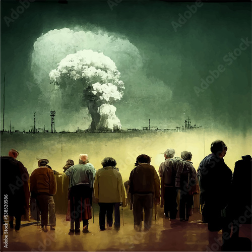 People look at the mushroom from the explosion of a nuclear bomb over the city. Nuclear war in the world. End of the world. Armageddon.