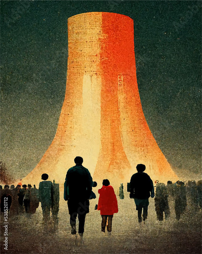 People look at the mushroom from the explosion of a nuclear bomb over the city. Nuclear war in the world. End of the world. Armageddon.