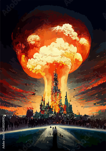 Mushroom from the explosion of a nuclear bomb over the city. Nuclear war in the world. End of the world. Armageddon.
