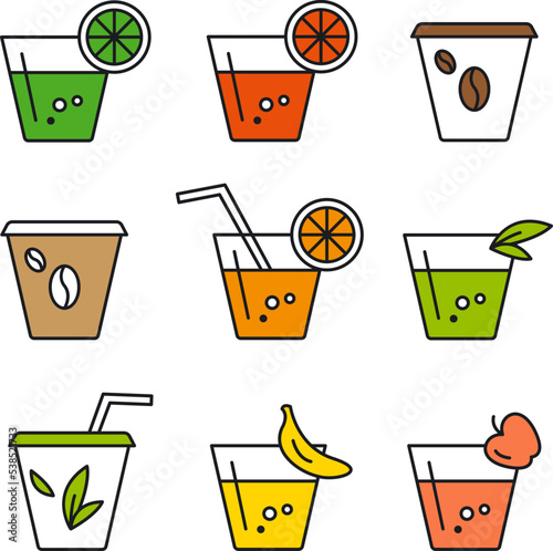 Collection of vector icons with different drinks. Set with cups of lemonade, coffee, tea, juice, fruit drinks. Icon style, flat line, line art