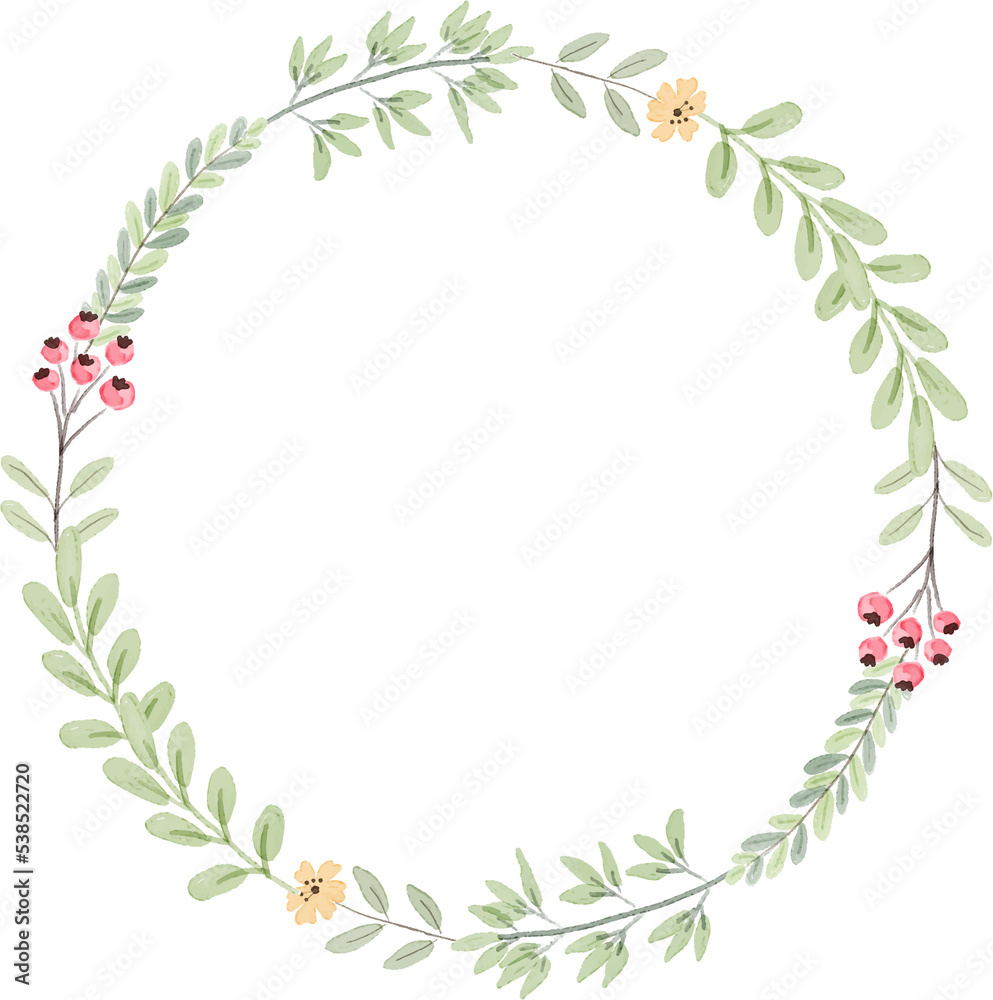 watercolor botanical hand drawing leafs wreath with tiny pink and yellow flowers