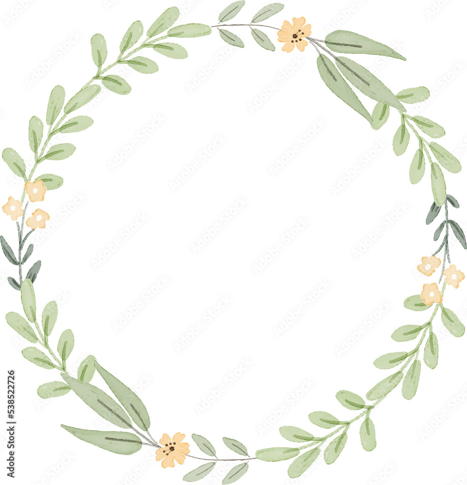 watercolor botanical hand drawing leafs wreath with tiny pink and yellow flowers