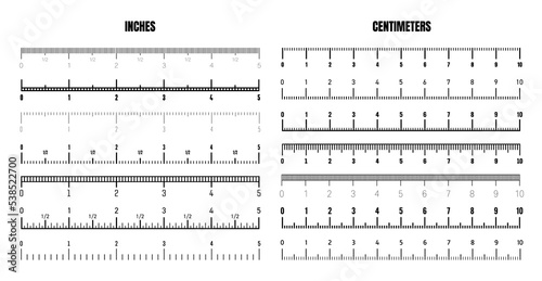 Realistic black centimeter and inch scale for measuring length or height. Various measurement scales with divisions. Ruler, tape measure marks, size indicators. Vector illustration