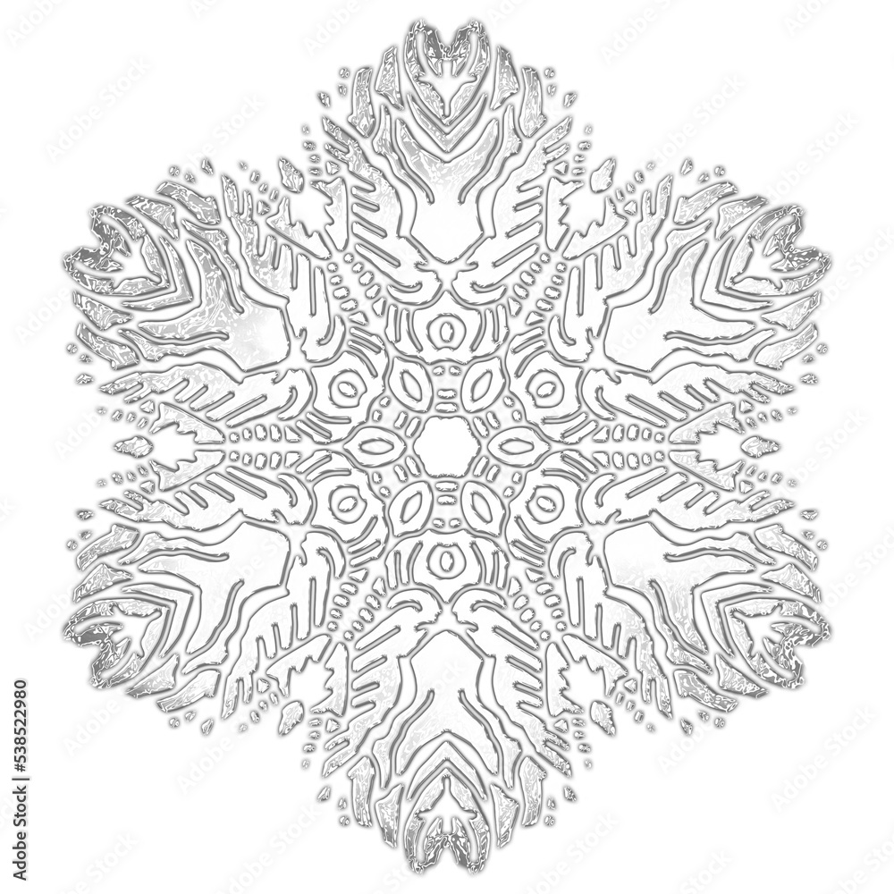 Christmas snowflake. A vintage six-beam snowflake. Complex circular ornament. Mandala pattern. Symmetrical beautiful rays. A template for a holiday. Isolated drawing PNG