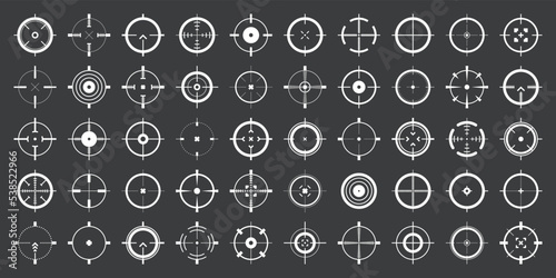 Crosshair, gun sight vector icons. Bullseye, target or aim symbol. Military rifle scope, shooting mark sign. Targeting, aiming for a shot. Archery, hunting and sports shooting. Game UI element.