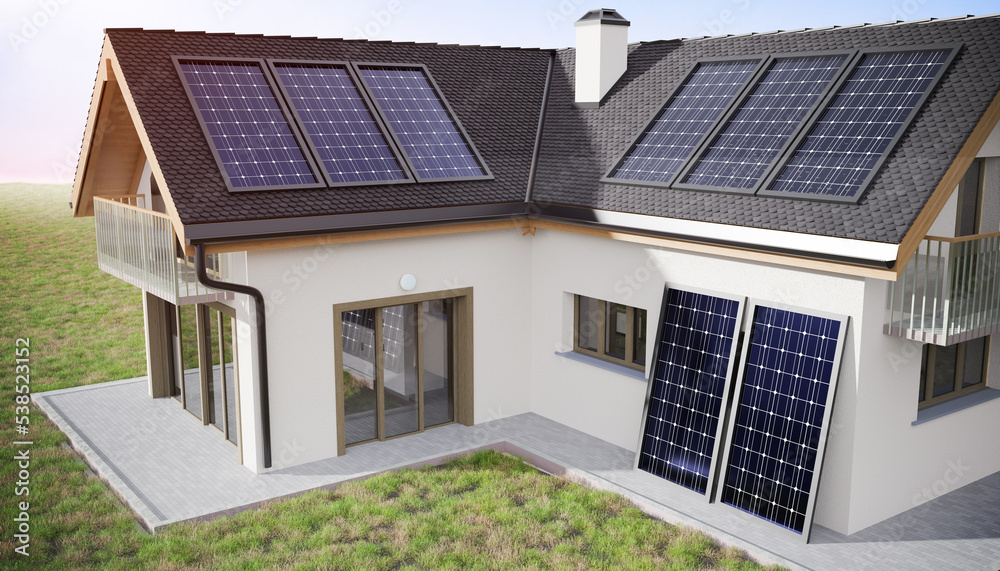 Photovoltaic solar panels on roof of a house producing renewable energy. Photovoltaic solar panels on roof of a house producing renewable energy.