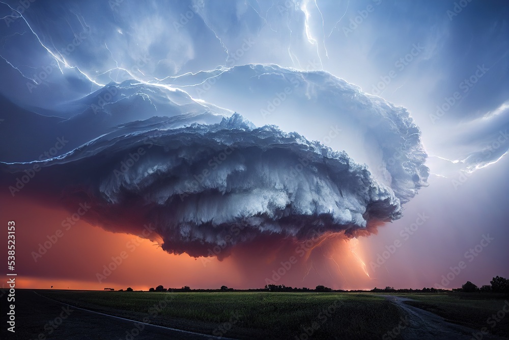 Mothership supercell storm with wind and lightning dramatic scene. Multiple tornado formation from swirl giant cloud over American grass plains field. Natural disaster, dangerous weather condition - obrazy, fototapety, plakaty 