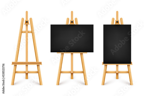 Realistic paint desk with blank black canvas. Wooden easel and a sheet of drawing paper. Presentation board on a tripod. Artwork mockup, template. Vector illustration