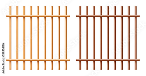Realistic wooden lattice, rural picket fence. Farm or village house boundary, garden enclosing planks. Detailed wooden jail cage. Criminal background mockup. Creative vector illustration
