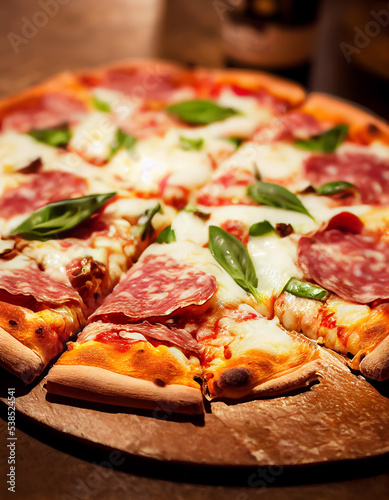 Tasty pizza closeup with cheese, salami and basil, closeup, 3d illustration