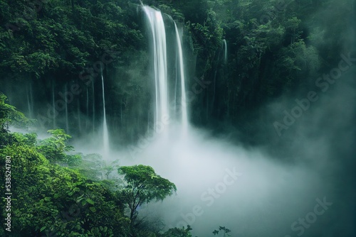 Waterfall river stream in green nature forest wilderness landscape