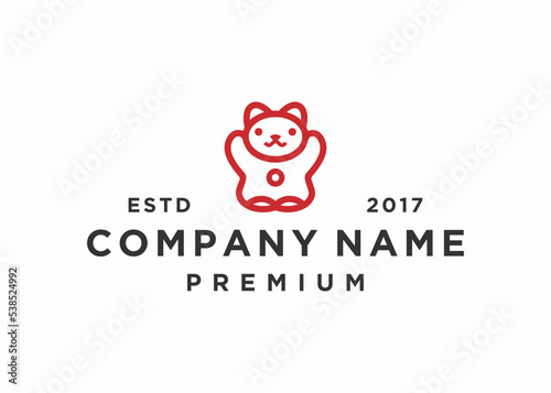 Maneki neko cat wishing good luck with raised paw. Smiling character and mascot bringing fortune and wealth. Vector flat illustration and logo design template.