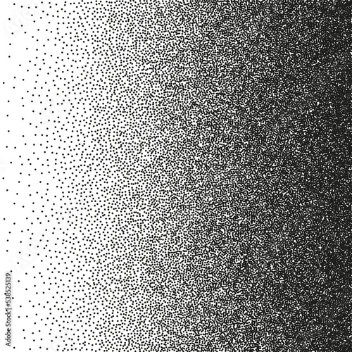 Stipple pattern, dotted geometric background. Stippling, dotwork drawing, shading using dots. Pixel disintegration, random halftone effect. White noise grainy texture. Vector illustration