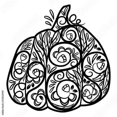 Decorative pumpkin with doodle floral ornament. Thanksgiving holiday decoration, card, poster. Coloring book for children and adults. Helloween symbol. Outline drawing for print and cutting silhouette