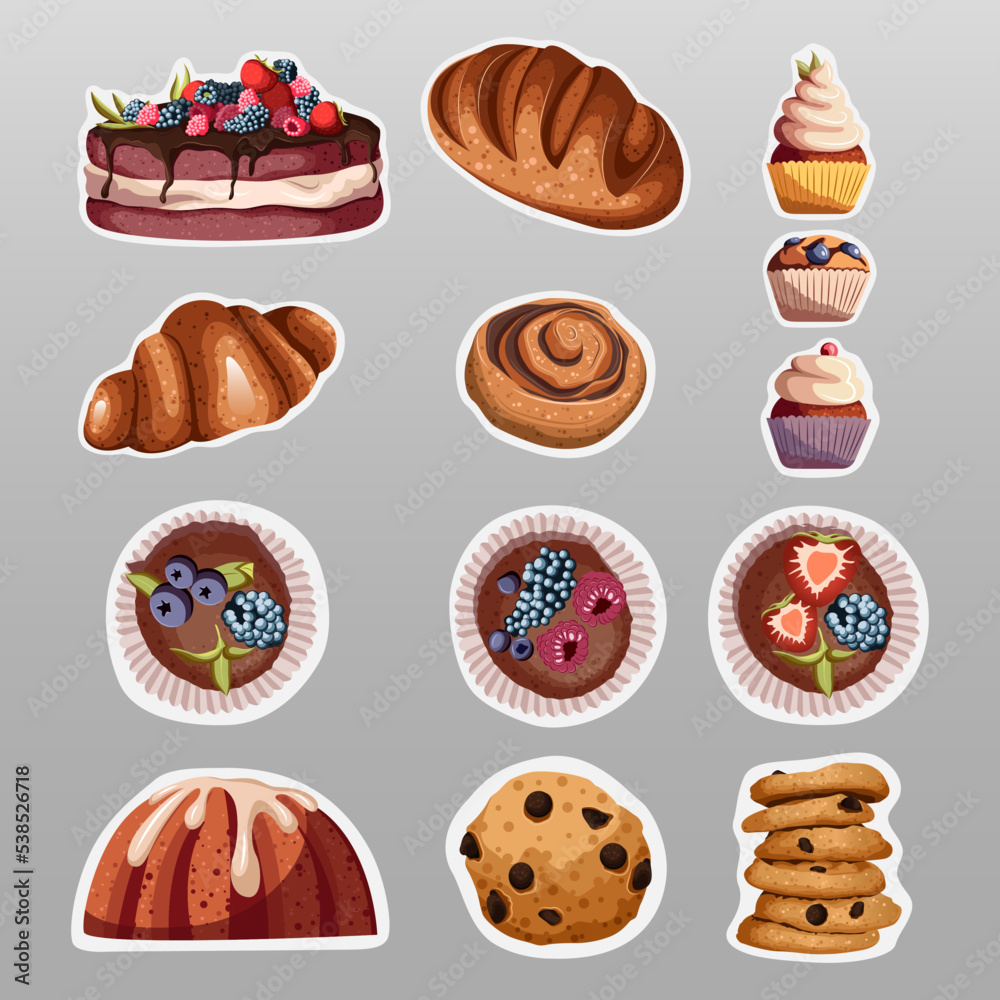 Set of bakery elements. Vector illustration of different pastry like cakes,cupcakes,muffins with berries,cookies,bread,buns,croissants isolated on gray. Stickers,bakeries,design,cafe concept. Set of bakery elements. Vector illustration of different pastry like cakes,cupcakes,muffins with berries,cookies,bread,buns,croissants isolated on gray. Stickers,bakeries,design,cafe concept.