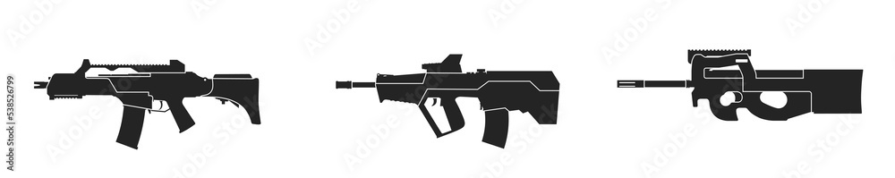 tavor, hk g36 and fn ps90 weapons. assault rifle icon set. vector images for military concepts tavor, hk g36 and fn ps90 weapons. assault rifle icon set. vector images for military concepts